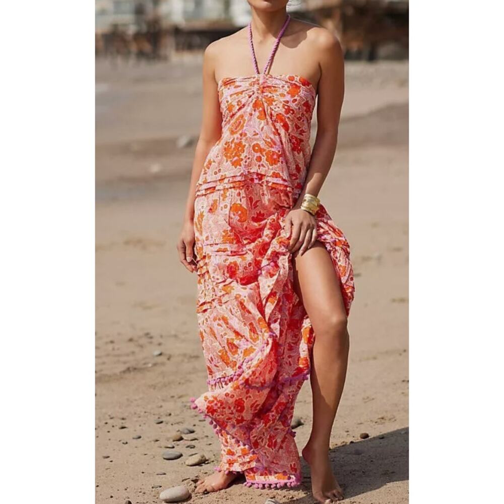 Ro's Garden Denise Halter Tie Gathered Tiered Maxi Dress | Sz XL Pink Black Ikat - Picture 16 of 16